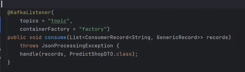 A @KafkaListener method taking a List of ConsumerRecords and passing them straight to a handle() call, with no error handling or offset control